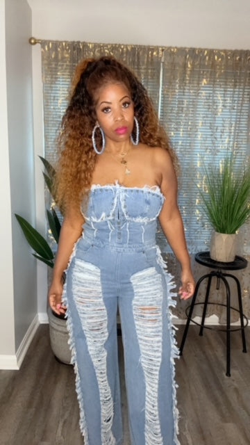 Strapless Distressed Denim Jumpsuit