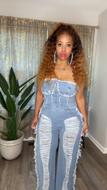 Strapless Distressed Denim Jumpsuit